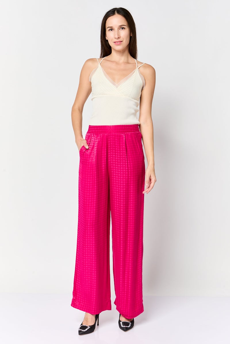 promod Women Regular Fit Textured Palazzo Pants, Fuchsia - Image 3